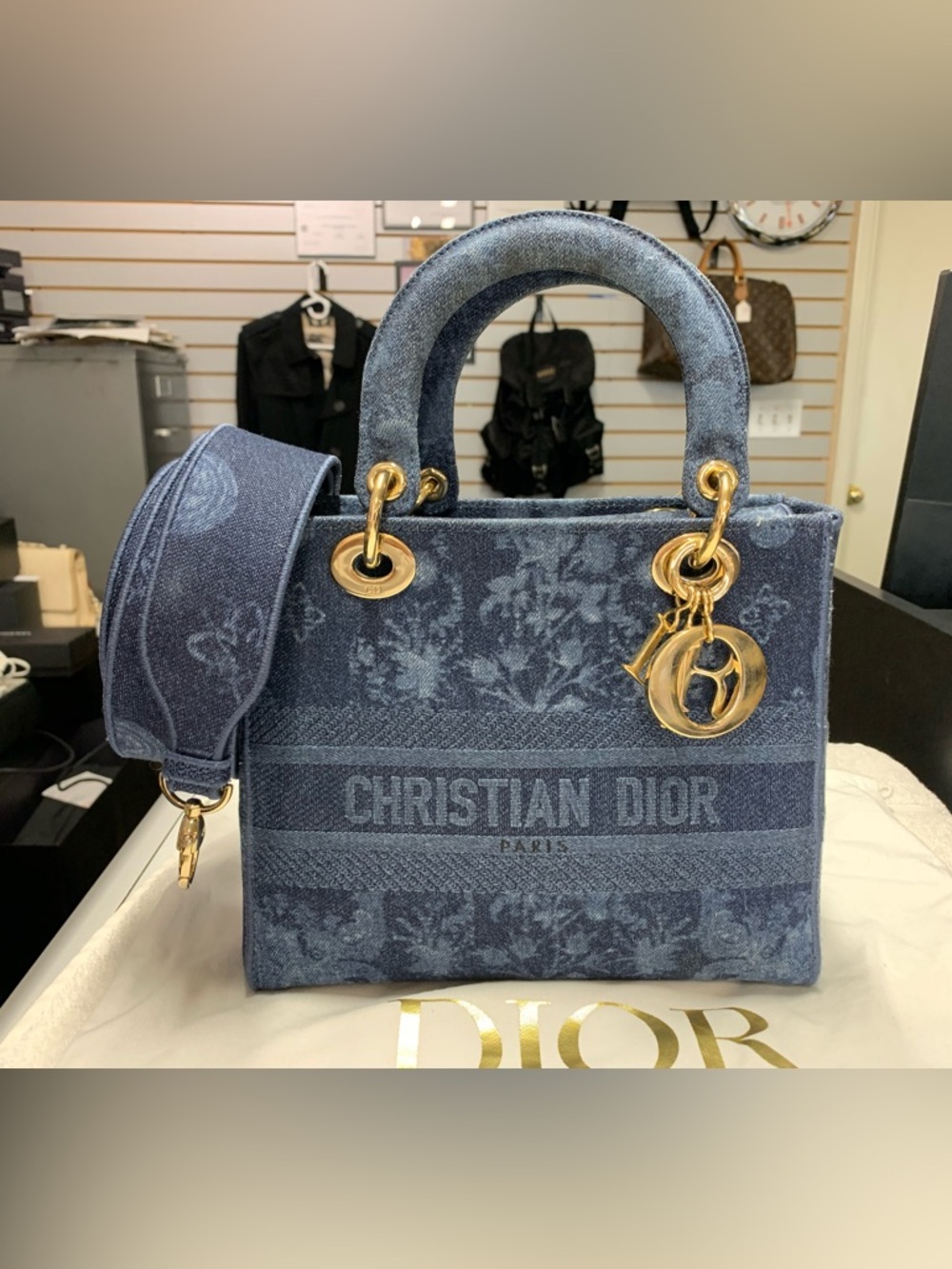 Christian Dior Lady D-Lite Floral Medium Blue Denim Bag